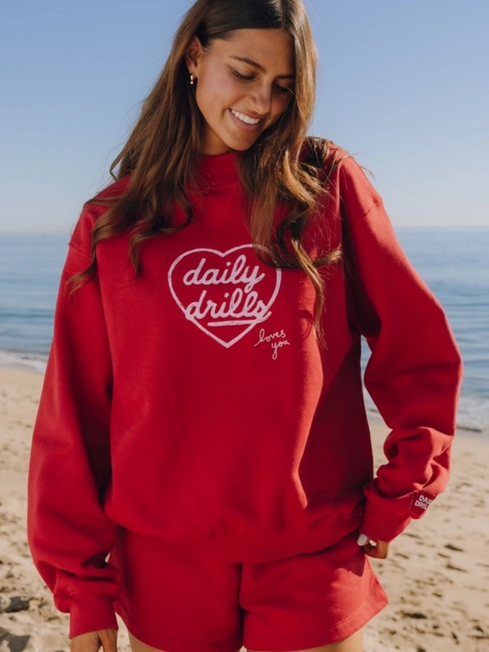 Daily Drills V-Day Oversized Fleece Vintage Crew- Red with V-Day Patch M/L NWT